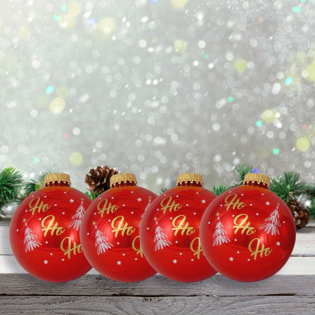 2 5/8" (67mm) Ball Ornaments Candy Apple Red / Flame Red with HoHoHo, 4/Box, 12/Case, 48 Pieces