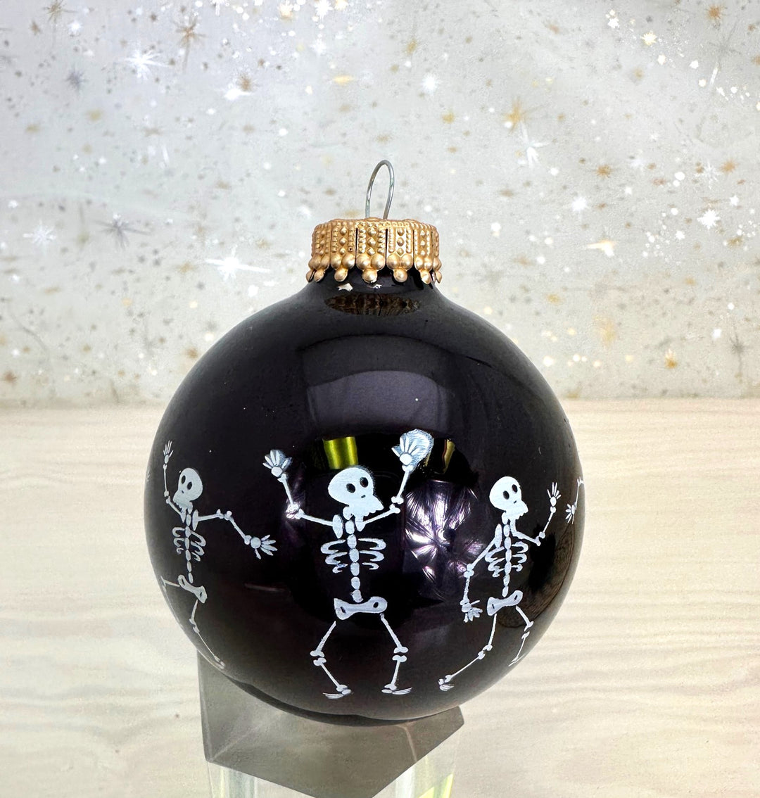 2 5/8" (67mm) Halloween Ball Ornaments Solid Ebony Shine with Dancing Skeletons 4/Box, 12/Case, 48 Pieces
