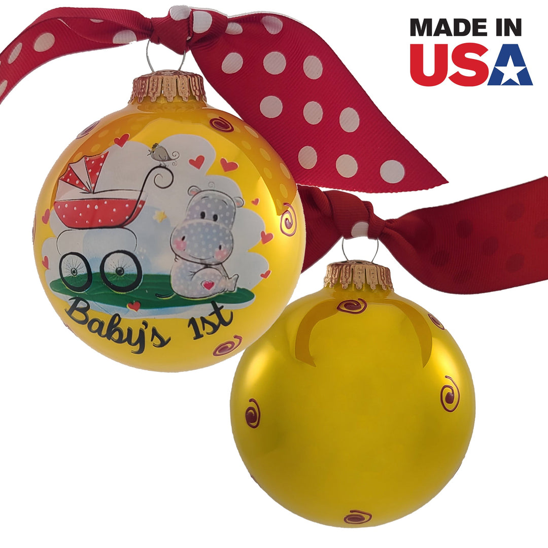 3 1/4" (80mm) Personalizable Hugs Specialty Gift Ornaments, Full Sun Glass Ball with Baby's 1st Hippo
