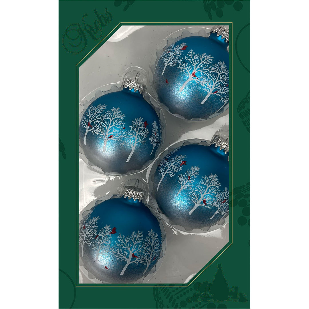 2 5/8" (67mm) Glass Ball Ornaments, Turquoise Bliss with Trees & Cardinals, 4/Box, 12/Case, 48 Pieces