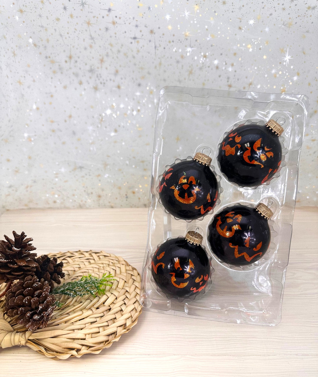 2 5/8" (67mm) Halloween Ball Ornaments Solid Ebony Shine with Scary Faces 4/Box, 12/Case, 48 Pieces