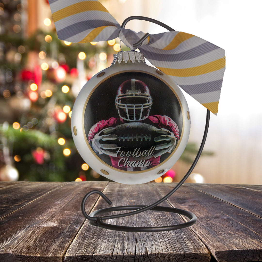 3 1/4" (80mm) Personalizable Hugs Specialty Gift Ornaments, Sterling Silver Glass Ball with Football Champ