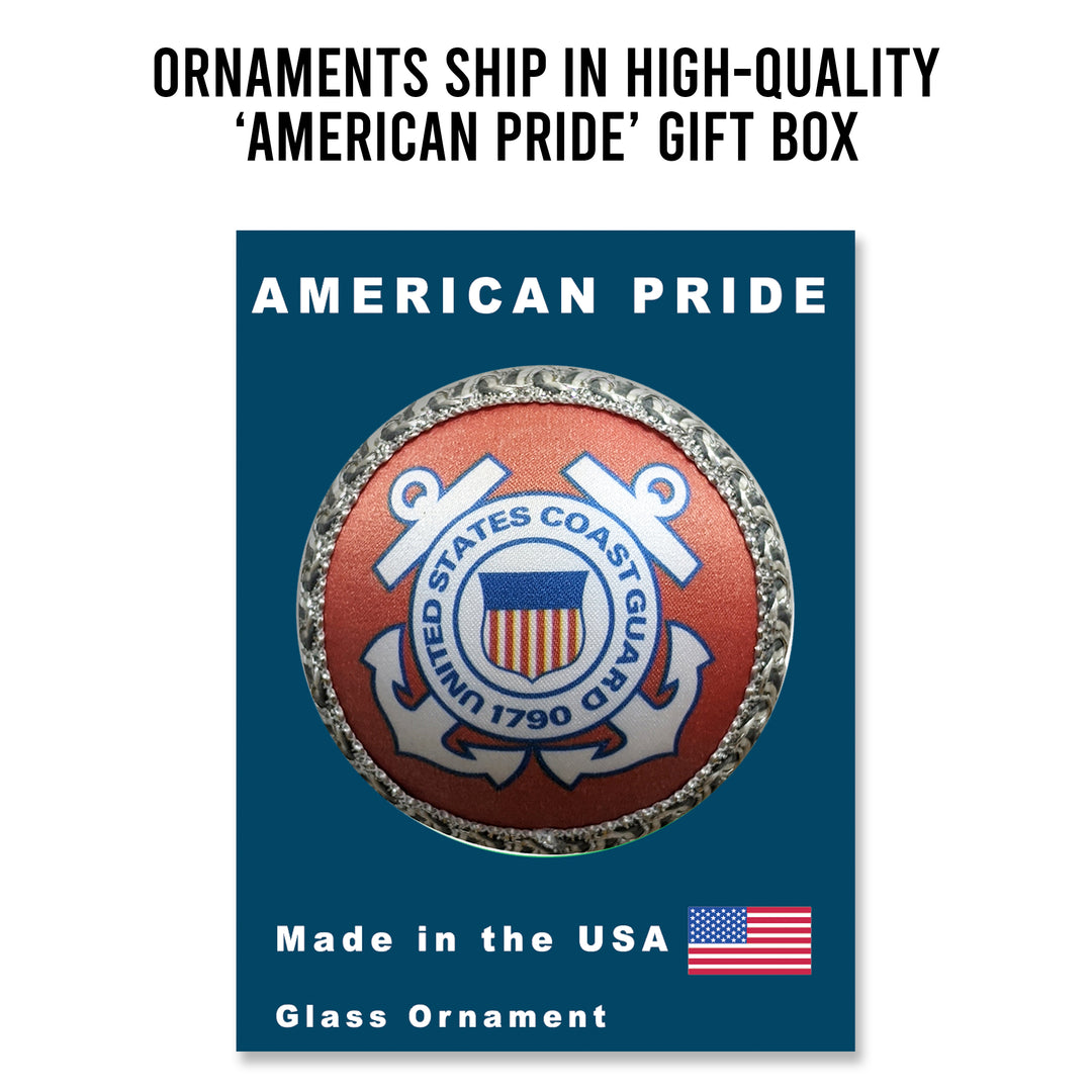 3 1/4" (80mm) Glass Ball Ornaments, White Satin - Silk Coast Guard Logo and Hymn, 1/Box, 12/Case, 12 Pieces