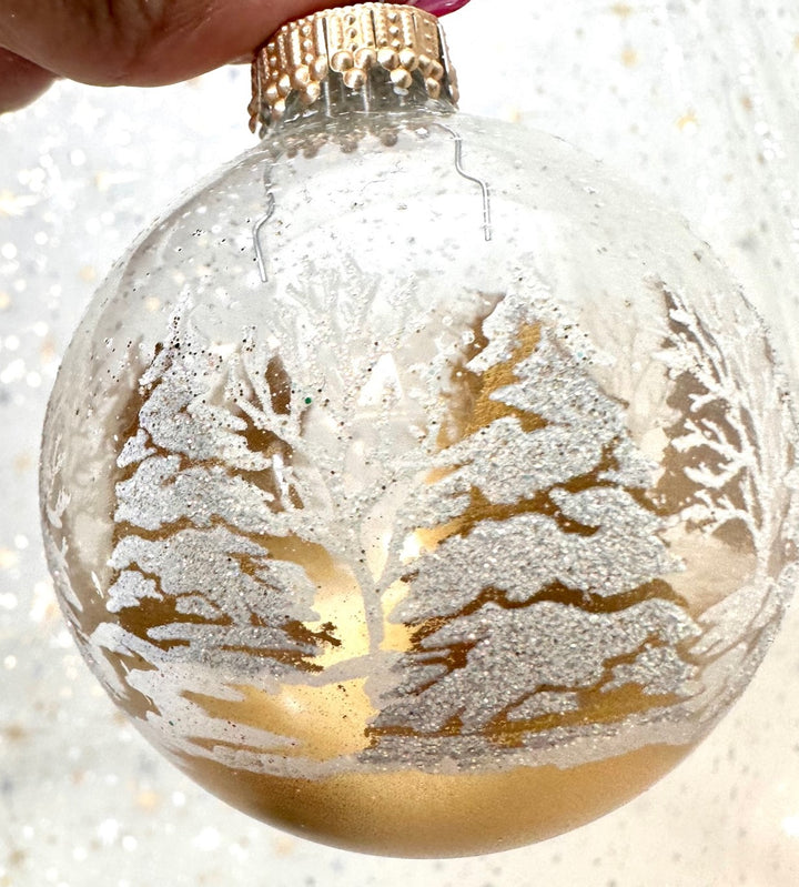 2 5/8" (67mm) Glass Ball Ornaments, Clear with Gold/White Festive Trees, 4/Box, 12/Case, 48 Pieces