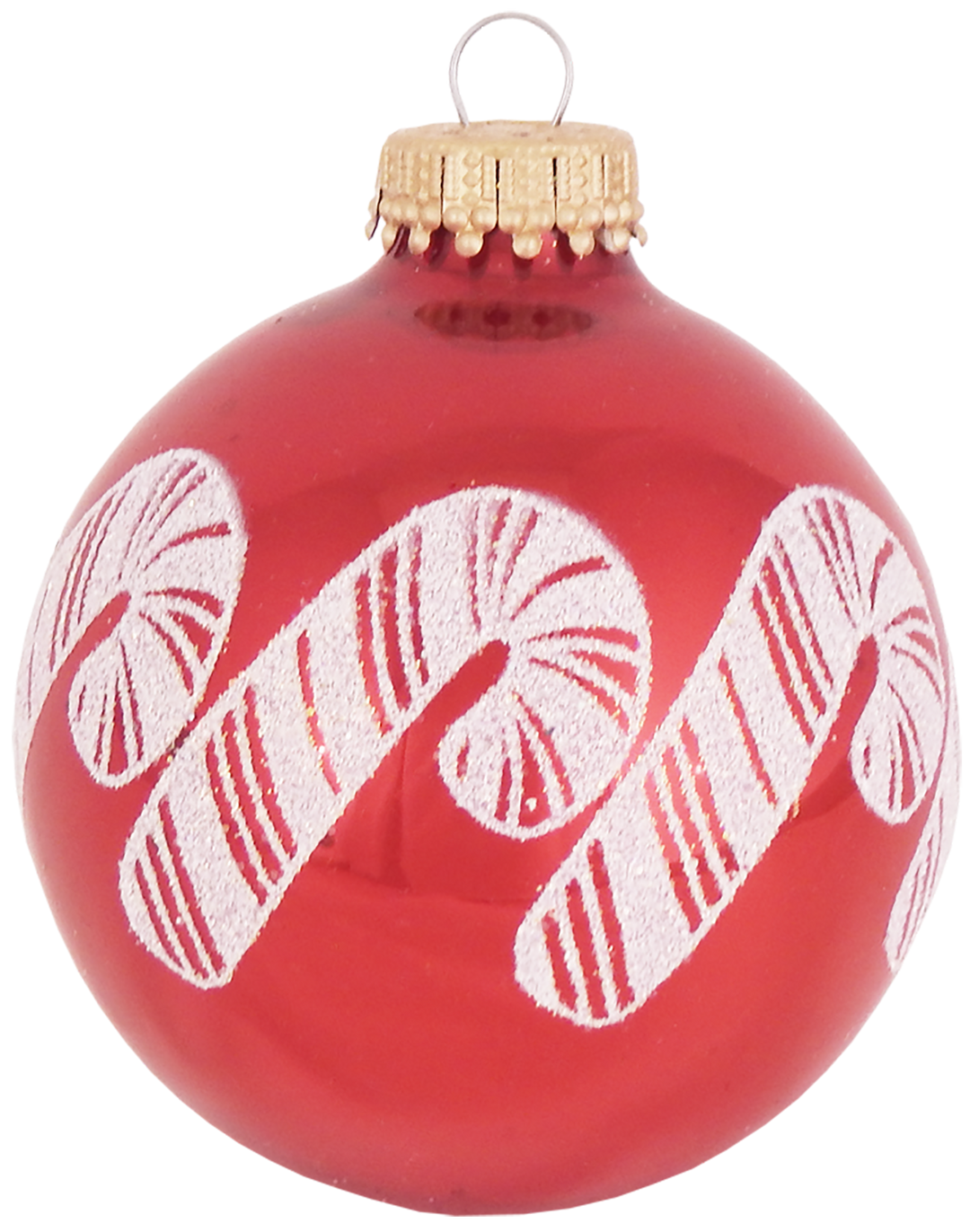 2 5/8" (67mm) Glass Ball Ornaments, Candy Apple Red / Flame Red with Standing Candy Canes, 4/Box, 12/Case, 48 Pieces