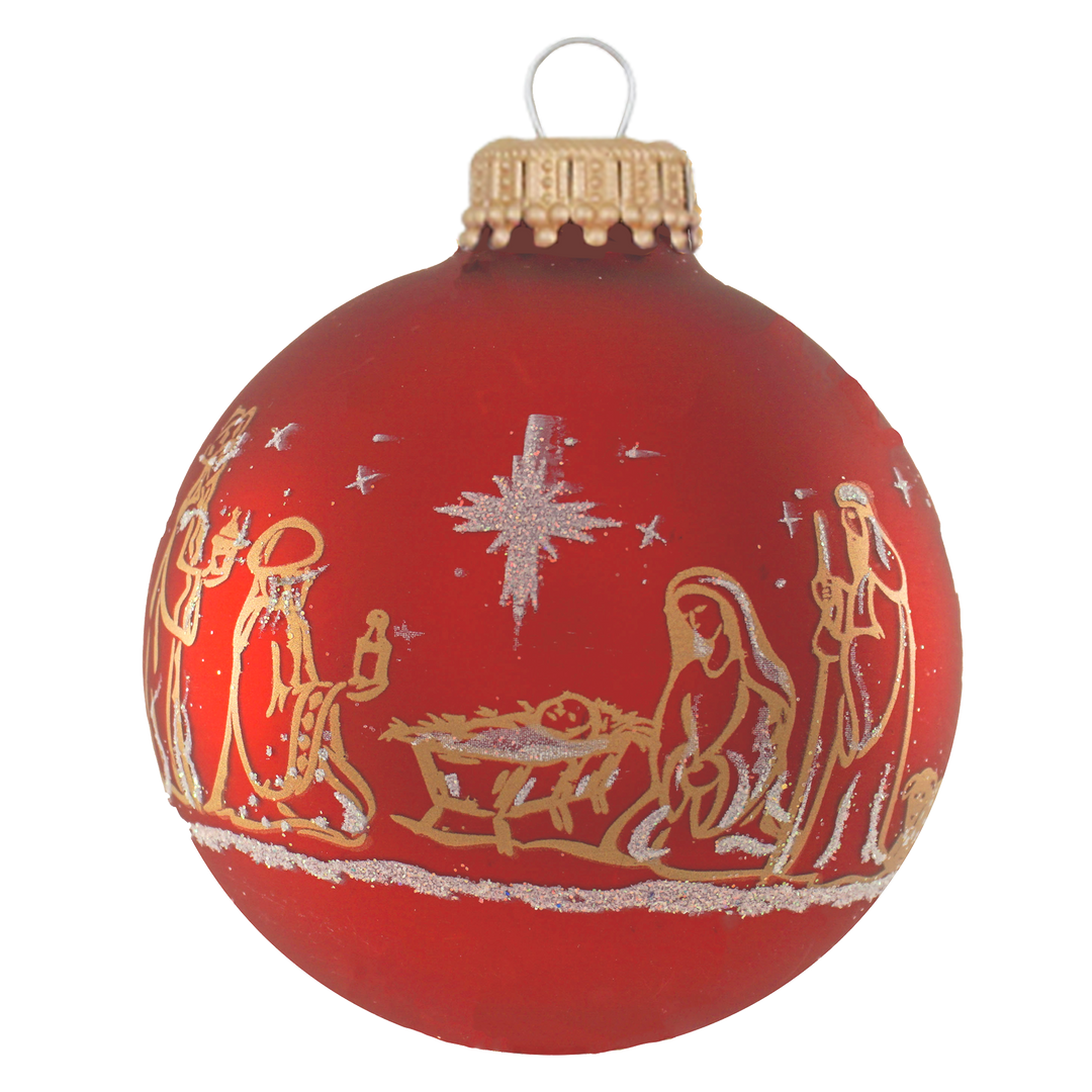 2 5/8" (67mm) Red and Gold Glass Ball Variety Set Decorated with Nativity Scene, 12/Box, 12/Case, 144 Pieces