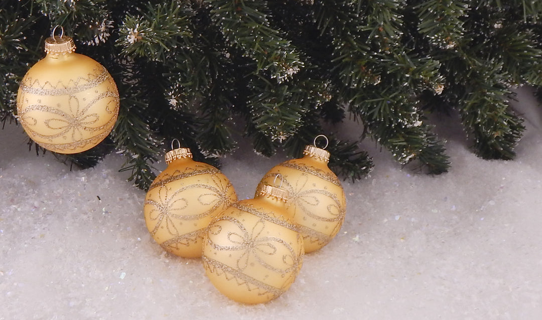2 5/8" (67mm) Ball Ornaments Gold Velvet with Gold Lacy Design, 4/Box, 12/Case, 48 Pieces