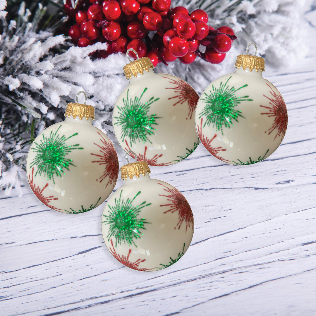 2 5/8" (67mm) Glass Ball Ornaments, Porcelain White with Green and Red Starlight with Gold Crown Cap, 4/Box, 12/Case, 48 Pieces