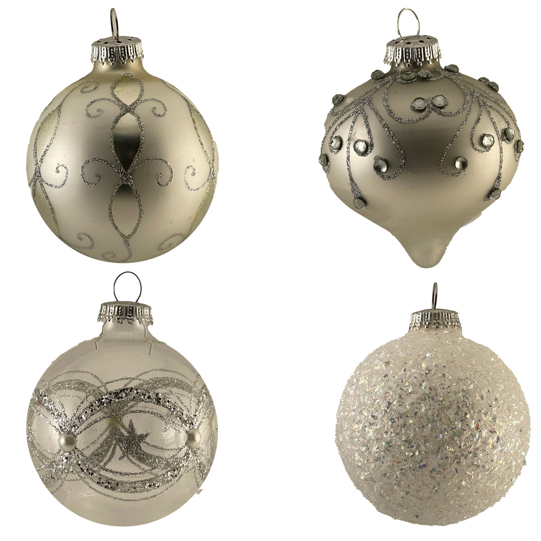 3 1/4" (80mm) Clear Silver Highly Decorated Ornament Set, Clear/Silver, 9/Box, 6/Case, 54 Pieces