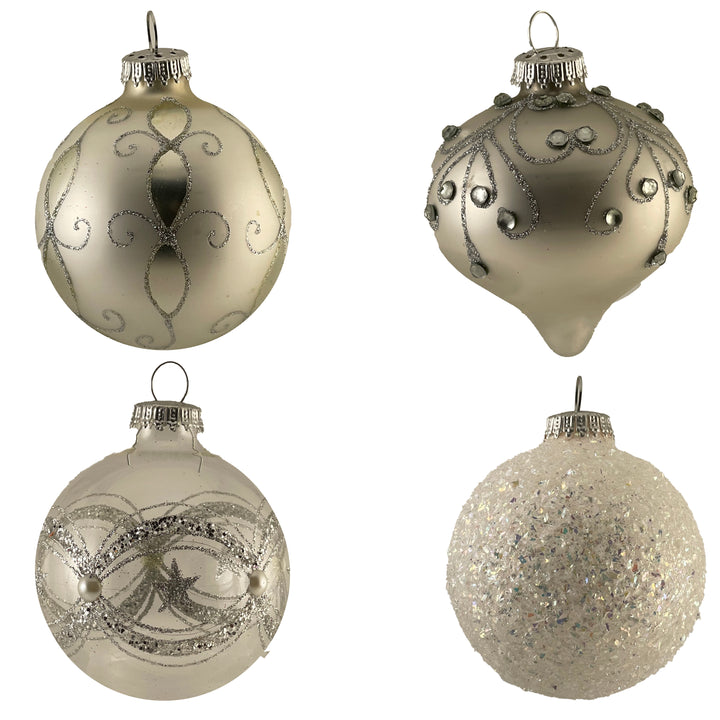 3 1/4" (80mm) Clear Silver Highly Decorated Ornament Set, Clear/Silver, 9/Box, 6/Case, 54 Pieces