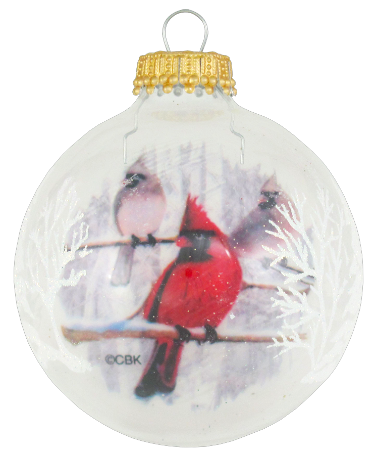 2 5/8" (67mm) Ball Ornaments, Reverse Print Cardinal, Clear/Multi, 4/Box, 12/Case, 48 Pieces