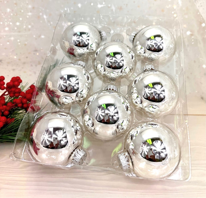 2 5/8" (67mm) Ball Ornaments, Silver Caps, Bright Silver, 8/Box, 12/Case, 96 Pieces