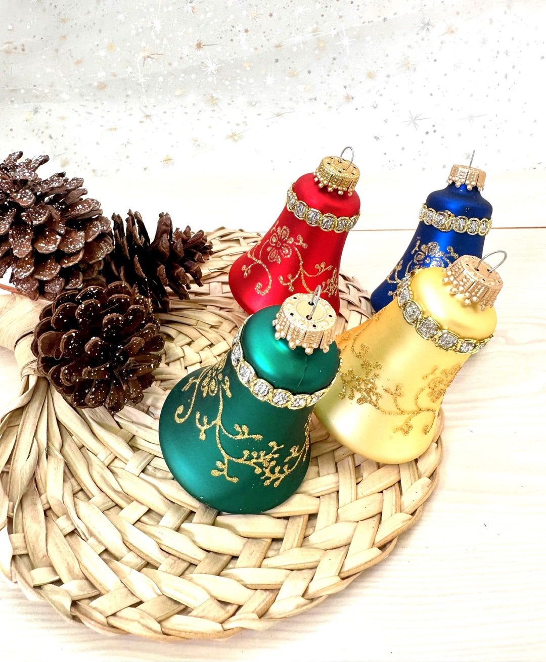 3" (76mm) Flame Red / Gold Velvet / Navy Velvet / Green Velvet Glass Bell Ornaments, Multicolor, 4/Box, 12/Case, 48 Pieces