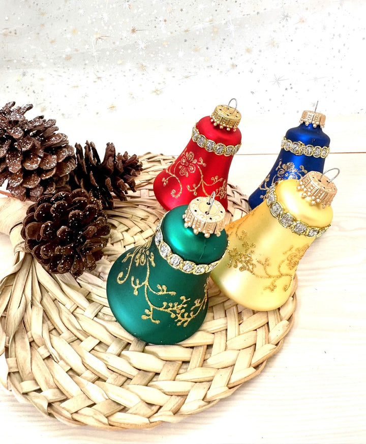 3" (76mm) Flame Red / Gold Velvet / Navy Velvet / Green Velvet Glass Bell Ornaments, Multicolor, 4/Box, 12/Case, 48 Pieces