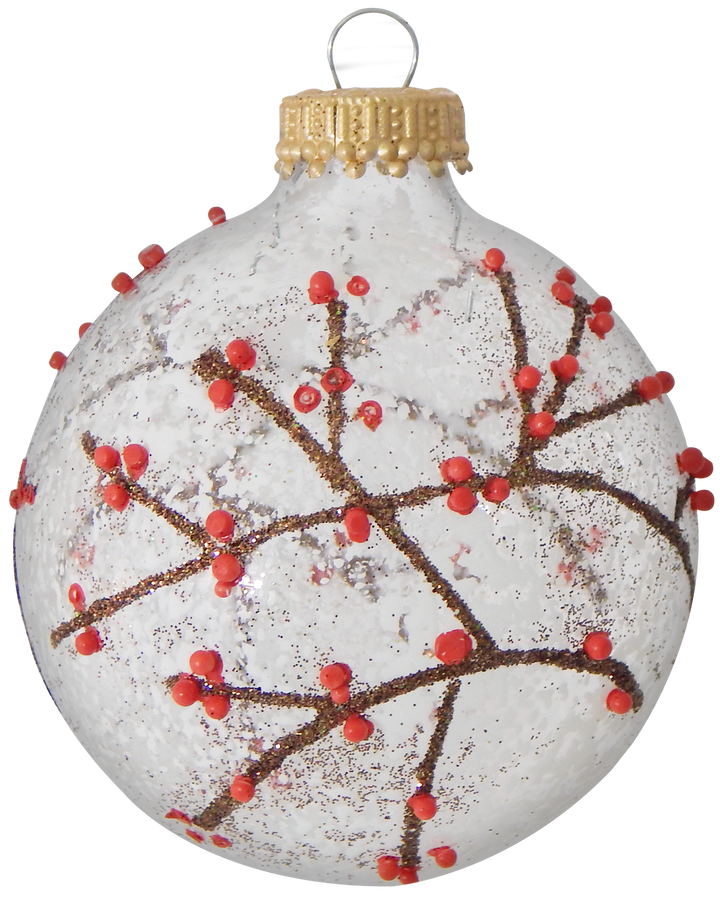 2 5/8" (67mm) Glass Ball Ornaments, Clear - Branches and Berries and Snow, 4/Box, 12/Case, 48 Pieces