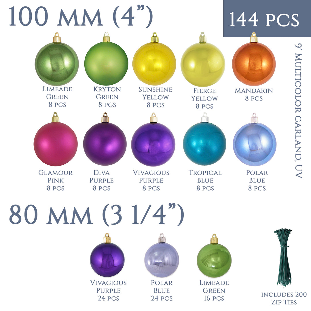 Christmas By Krebs Shatterproof 9 Ft. Garland Decorating Kits - ORNAMENTS ONLY - UV and Weather Resistant (Multicolor Purple Pink Yellow Orange Turquoise Blue & Green)