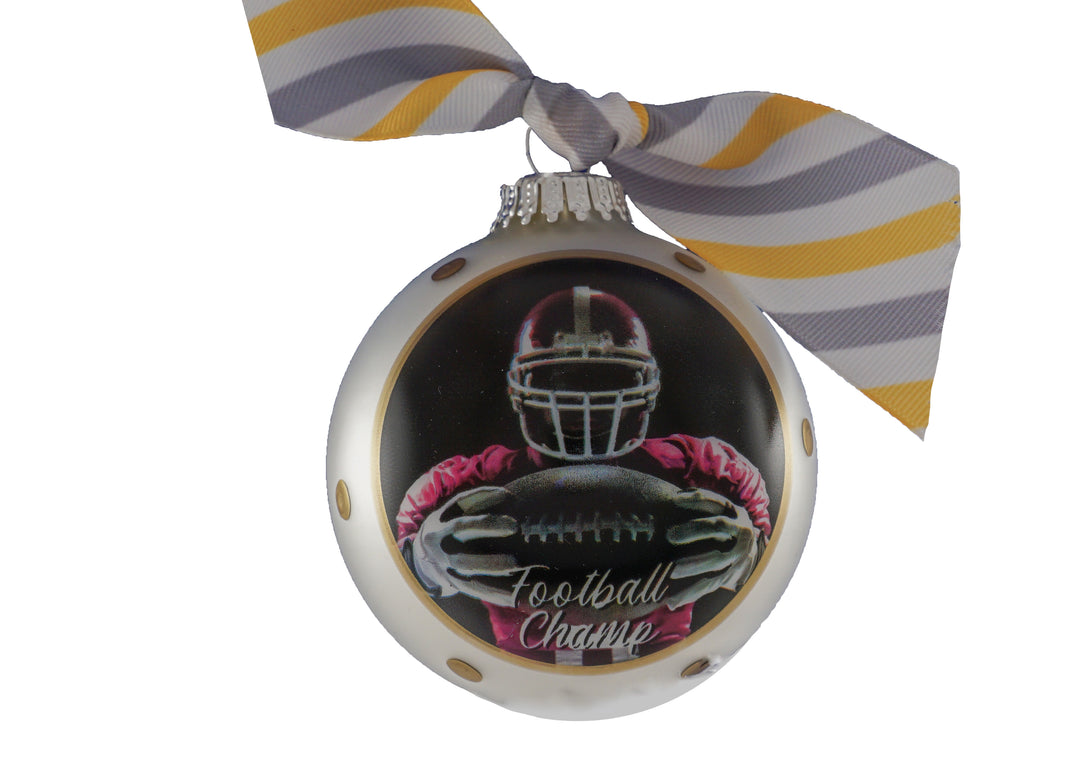 3 1/4" (80mm) Personalizable Hugs Specialty Gift Ornaments, Sterling Silver Glass Ball with Football Champ