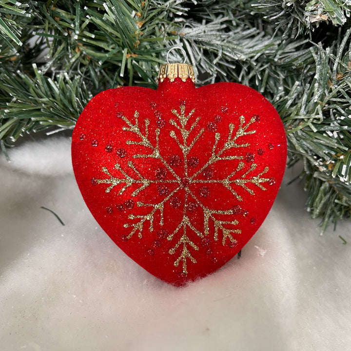 3.75" Christmas Night Red Hearts with snowflake, set of 2, Red matte/ Gold,  Figurine Ornaments, 2/Box, 6/Case, 12 Pieces