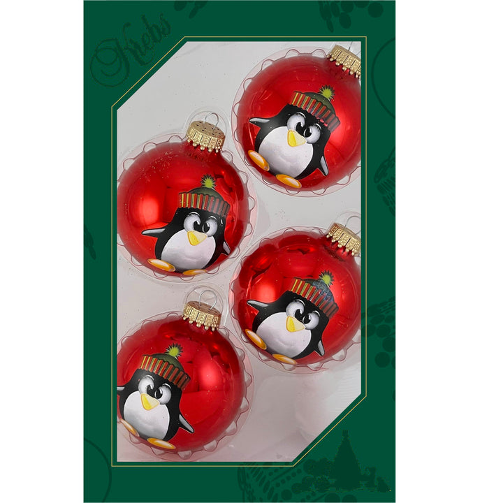 2 5/8" (67mm) Glass Ball Ornaments, Candy Apple Red with Stocking Cap Penguin, 4/Box, 12/Case, 48 Pieces