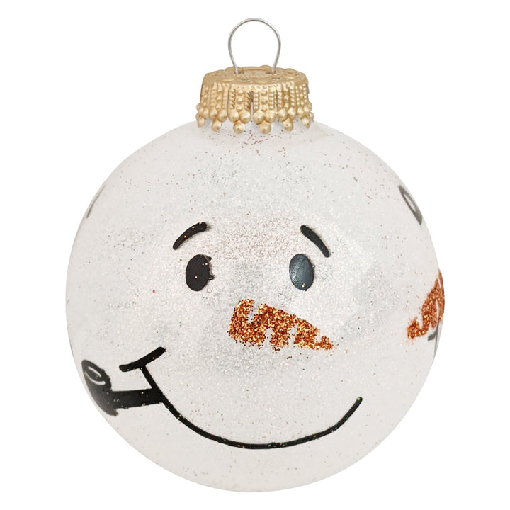 2 5/8" (67mm) Glass Ball Ornaments, Snow Sparkel with Snowman Faces, 4/Box, 12/Case, 48 Pieces