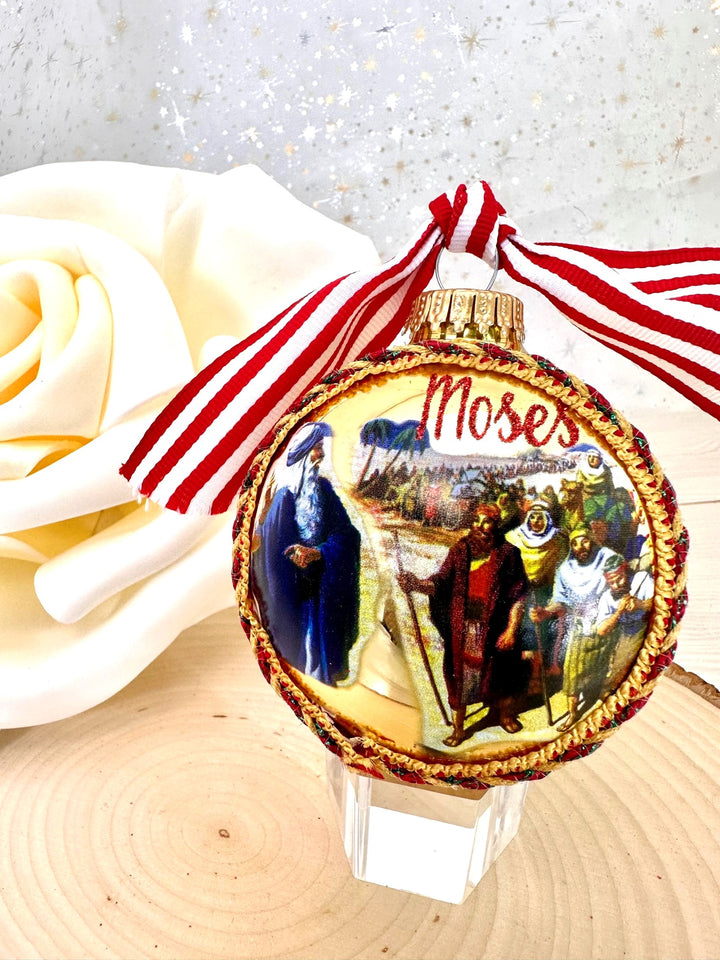 3 1/4" (80mm) Personalizable Hugs Specialty Gift Ornaments, Aztec Gold Glass Ball with Bible Hero/ Moses