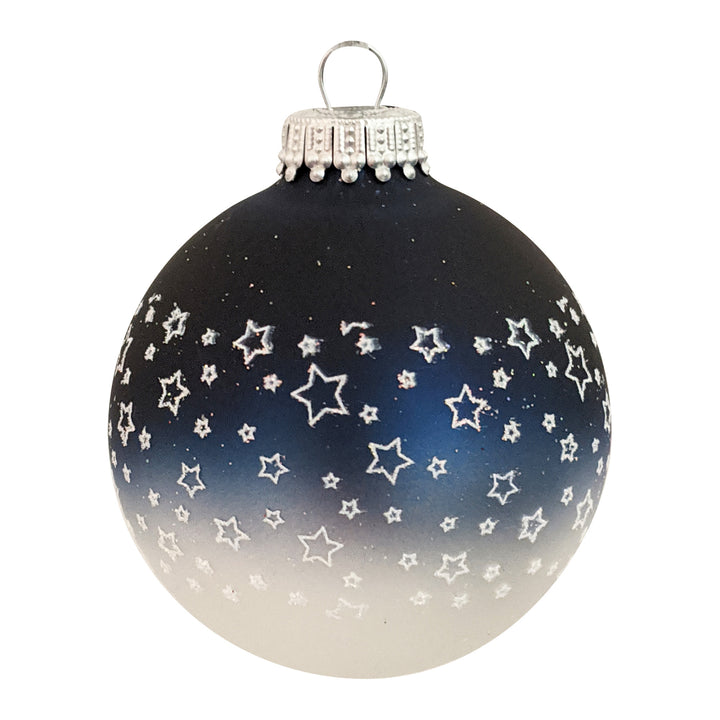 2 5/8" (67mm) Glass Ball Ornaments, Bi-Color Midnight Haze Top / Silver Pearl Bottom - White Glitter Star Band, 4/Box, 12/Case, 48 Pieces