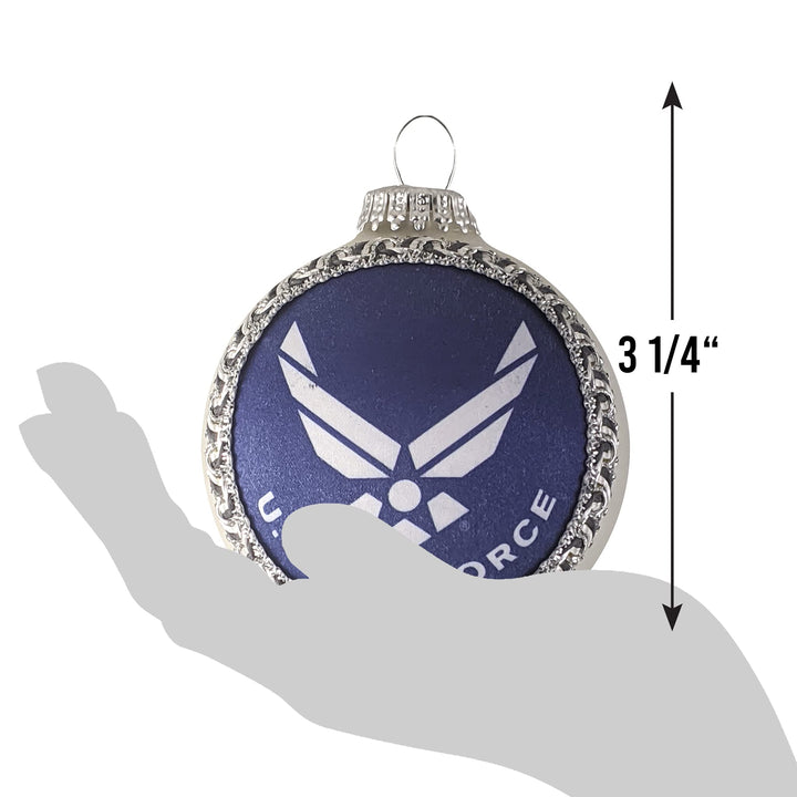 3 1/4" (80mm) Glass Ball Ornaments, Silver Pearl - Silk Air Force Logo and Hymn, 1/Box, 12/Case, 12 Pieces