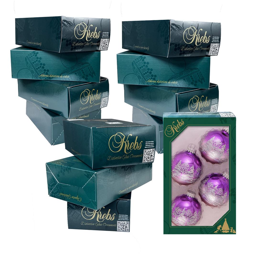 2 5/8" (67mm) Glass Ball Ornaments, Bi-Color Winter Lilac Shine / Smoke Gray Velvet - White Winter Forest Trees, 4/Box, 12/Case, 48 Pieces