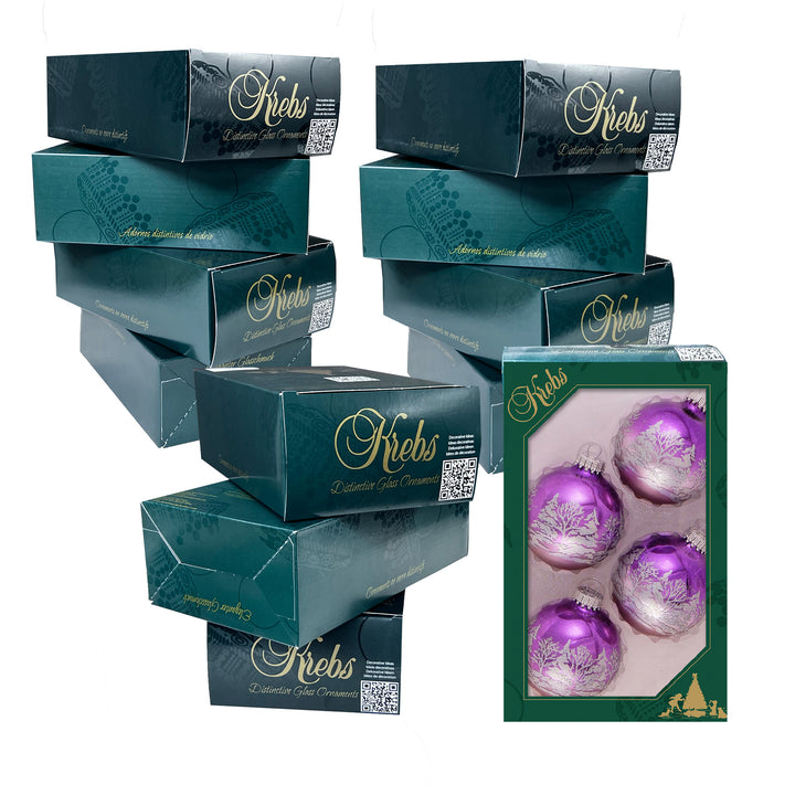 2 5/8" (67mm) Glass Ball Ornaments, Bi-Color Winter Lilac Shine / Smoke Gray Velvet - White Winter Forest Trees, 4/Box, 12/Case, 48 Pieces