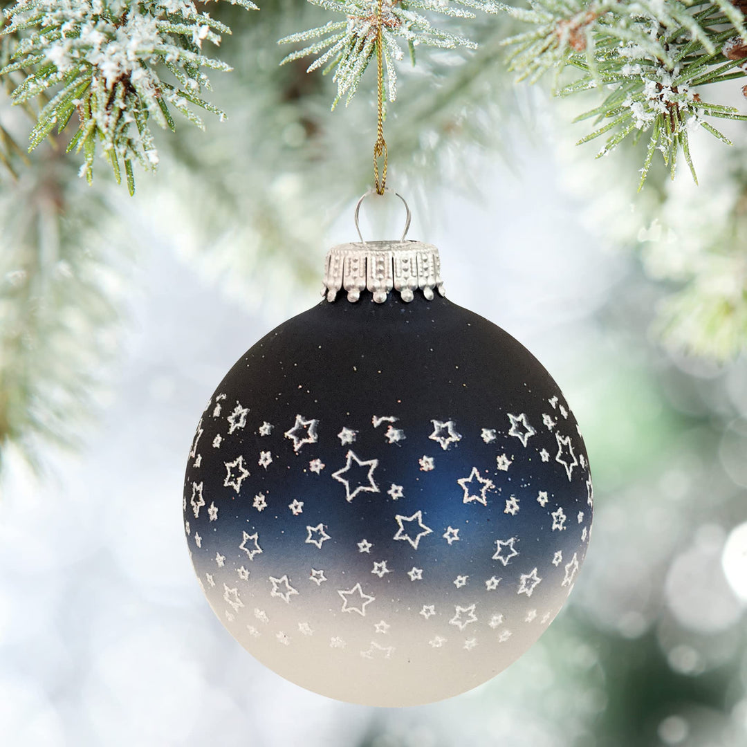 2 5/8" (67mm) Glass Ball Ornaments, Bi-Color Midnight Haze Top / Silver Pearl Bottom - White Glitter Star Band, 4/Box, 12/Case, 48 Pieces