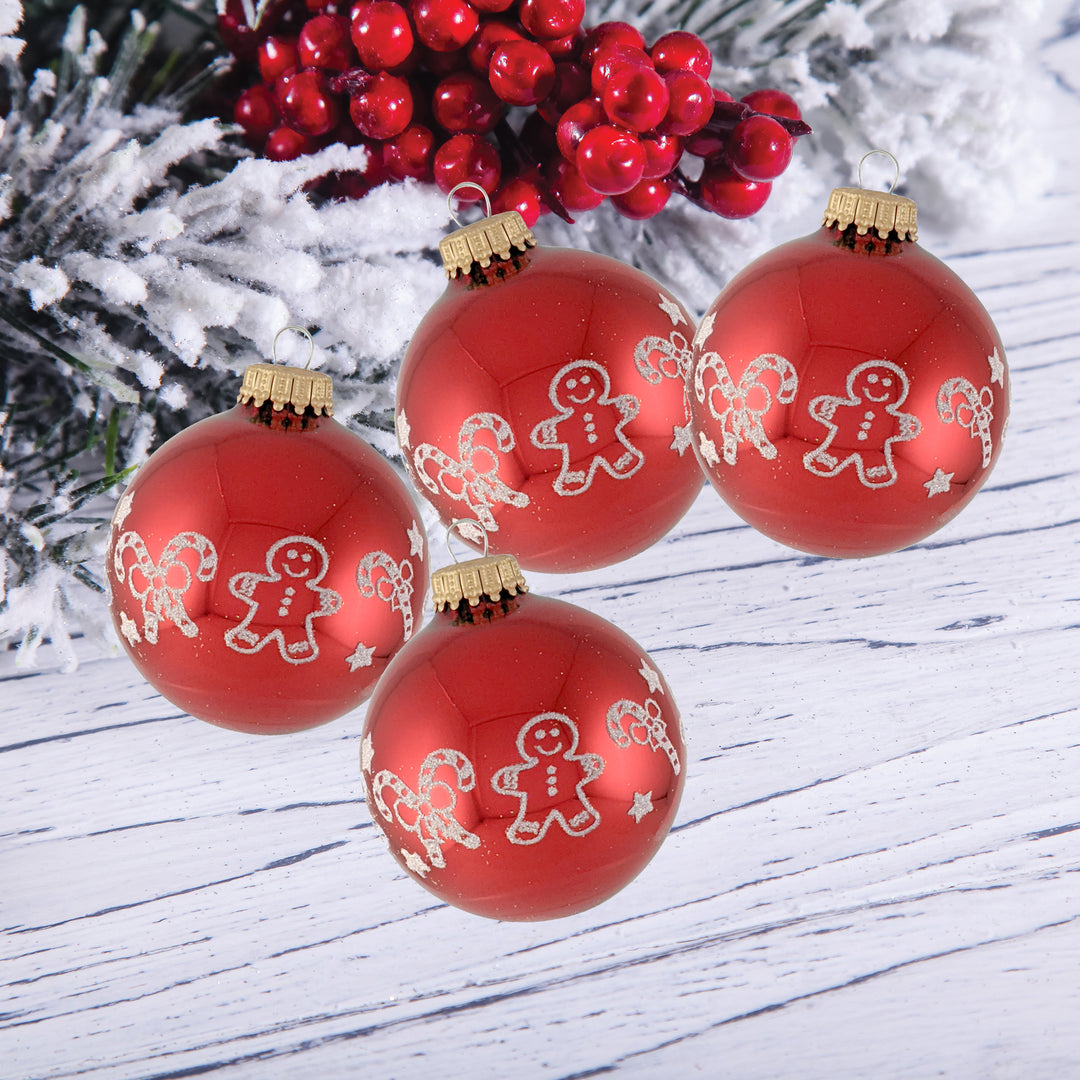 2 5/8" (67mm) Ball Ornaments Christmas Red with White Glitter Gingerbread and Candy Cane Band, 4/Box, 12/Case, 48 Pieces