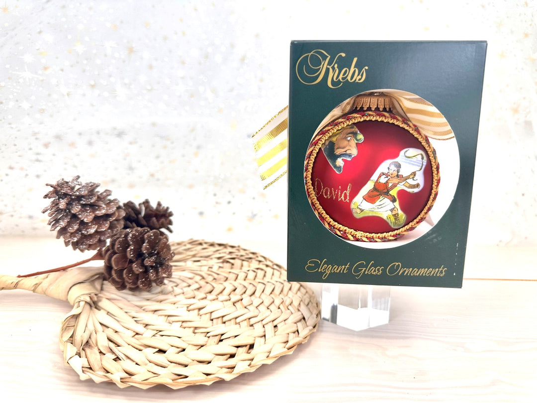 3 1/4" (80mm) Personalizable Hugs Specialty Gift Ornaments, Port Velvet Glass Ball with Bible Hero/ David