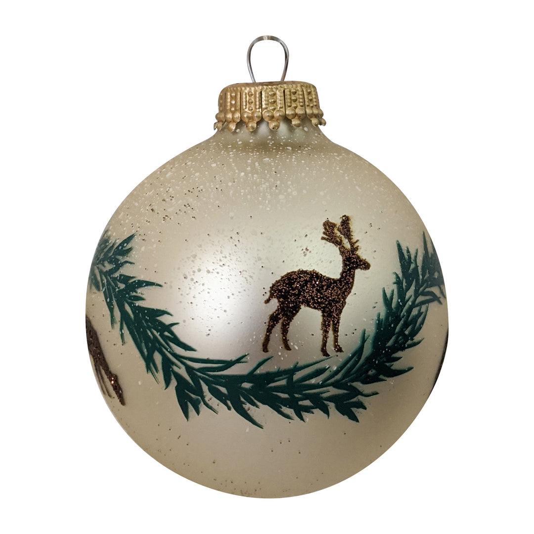 2 5/8" (67mm) Glass Ball Ornaments, Oyster Velvet - Brown Glitter Deer, Green Garland, 4/Box, 12/Case, 48 Pieces