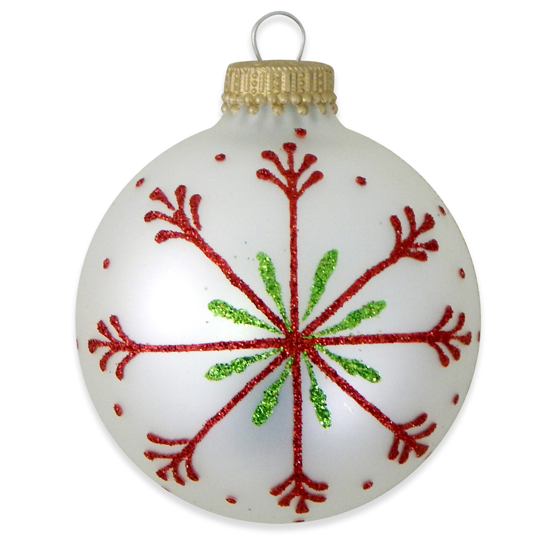 2 5/8" (67mm) Ball Ornaments Silver Pearl / Red / Green Velvet Color with Thin Snowflakes, 4/Box, 12/Case, 48 Pieces