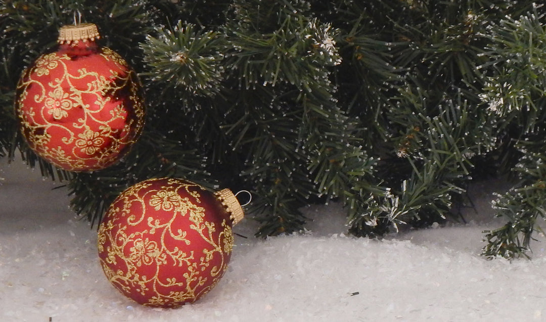 2 5/8" (67mm) Ball Ornaments, Floral Glitterlace, Red/Gold, 4/Box, 12/Case, 48 Pieces