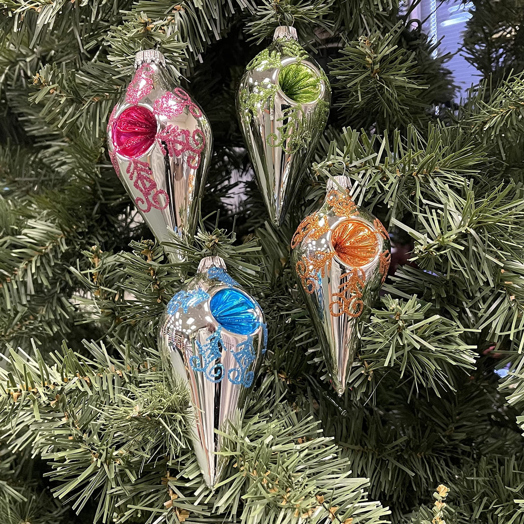 4" (100mm) Glass Drop Shapes, Bright Silver with Christmas Festival Reflectors, 4/Box, 12/Case, 48 Pieces