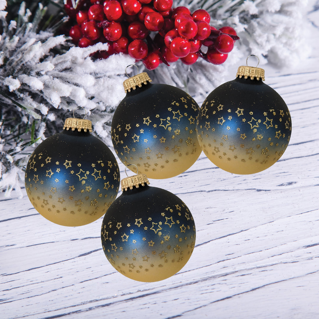 2 5/8" (67mm) Glass Ball Ornaments, Bi-Color Midnight Haze Top / Chiffon Gold Bottom with Gold Glitter Star Band, 4/Box, 12/Case, 48 Pieces