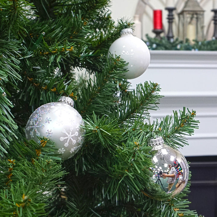 2 5/8" (67mm) Ball Ornaments, Silver/White Glass Ball with White & Silver Glitter Jax Variety Set, 12/Box, 12/Case, 144 Pieces