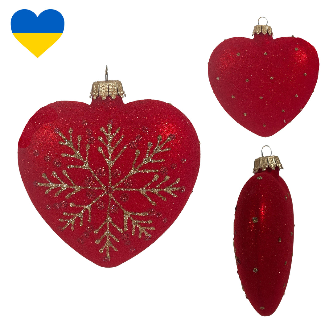 3.75" Christmas Night Red Hearts with snowflake, set of 2, Red matte/ Gold,  Figurine Ornaments, 2/Box, 6/Case, 12 Pieces
