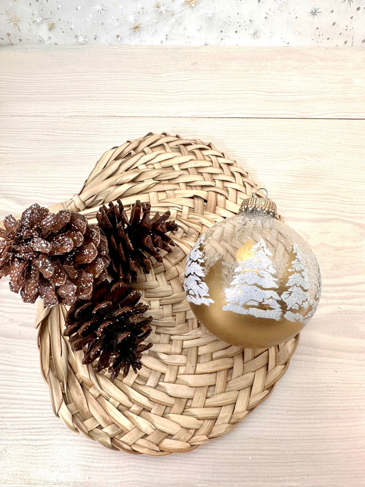 2 5/8" (67mm) Glass Ball Ornaments, Clear with Gold/White Festive Trees, 4/Box, 12/Case, 48 Pieces