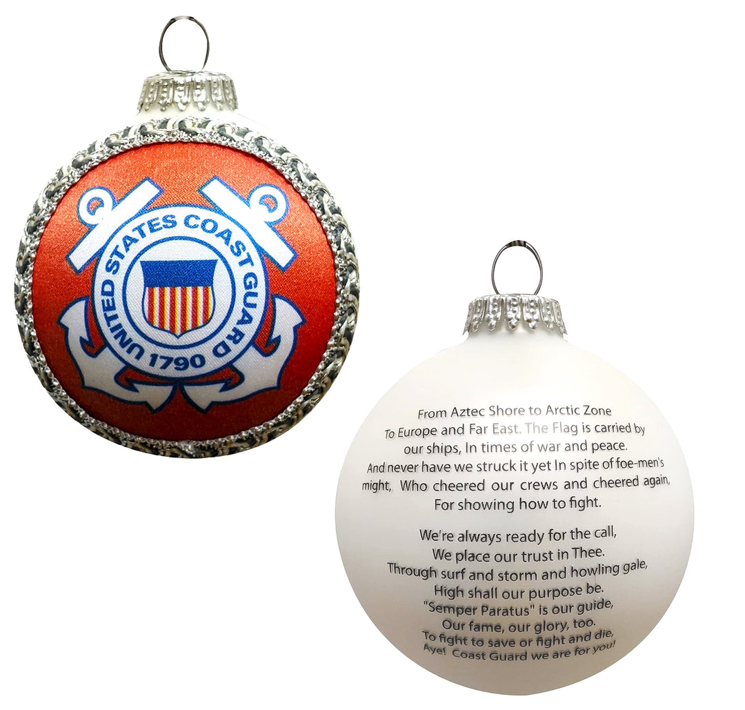 3 1/4" (80mm) Glass Ball Ornaments, White Satin - Silk Coast Guard Logo and Hymn, 1/Box, 12/Case, 12 Pieces