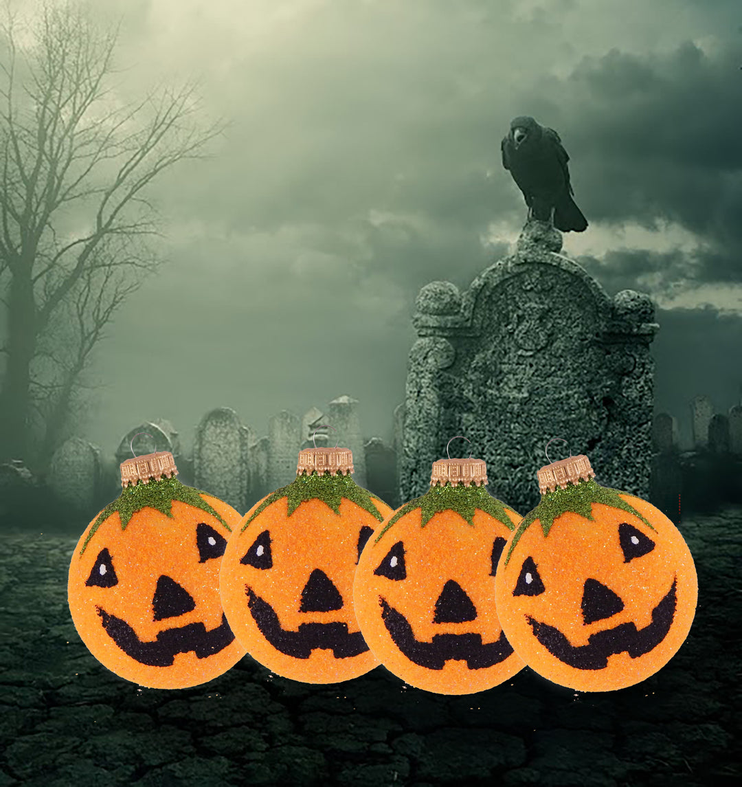 2 5/8" (67mm) Halloween Ball Ornaments Solid Glittered with Jack-O-Lantern 4/Box, 12/Case, 48 Pieces