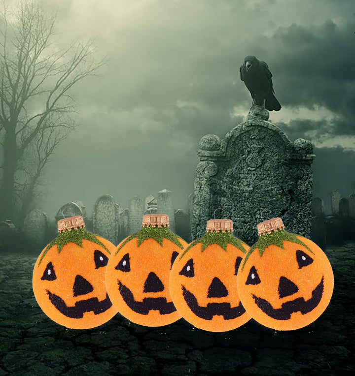 2 5/8" (67mm) Halloween Ball Ornaments Solid Glittered with Jack-O-Lantern 4/Box, 12/Case, 48 Pieces