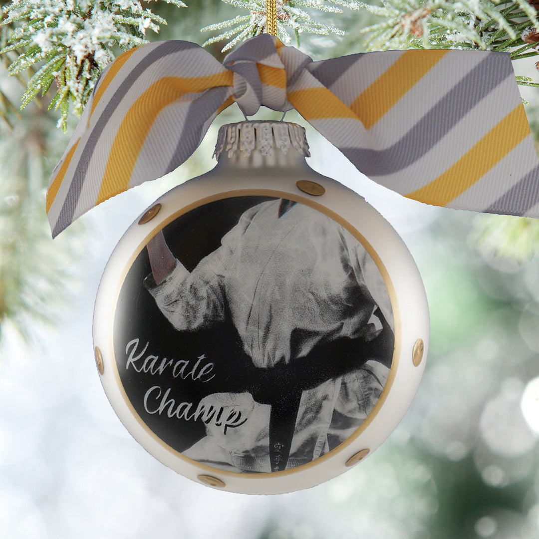 3 1/4" (80mm) Personalizable Hugs Specialty Gift Ornaments, Stirling Silver Glass Ball with Karate Champ