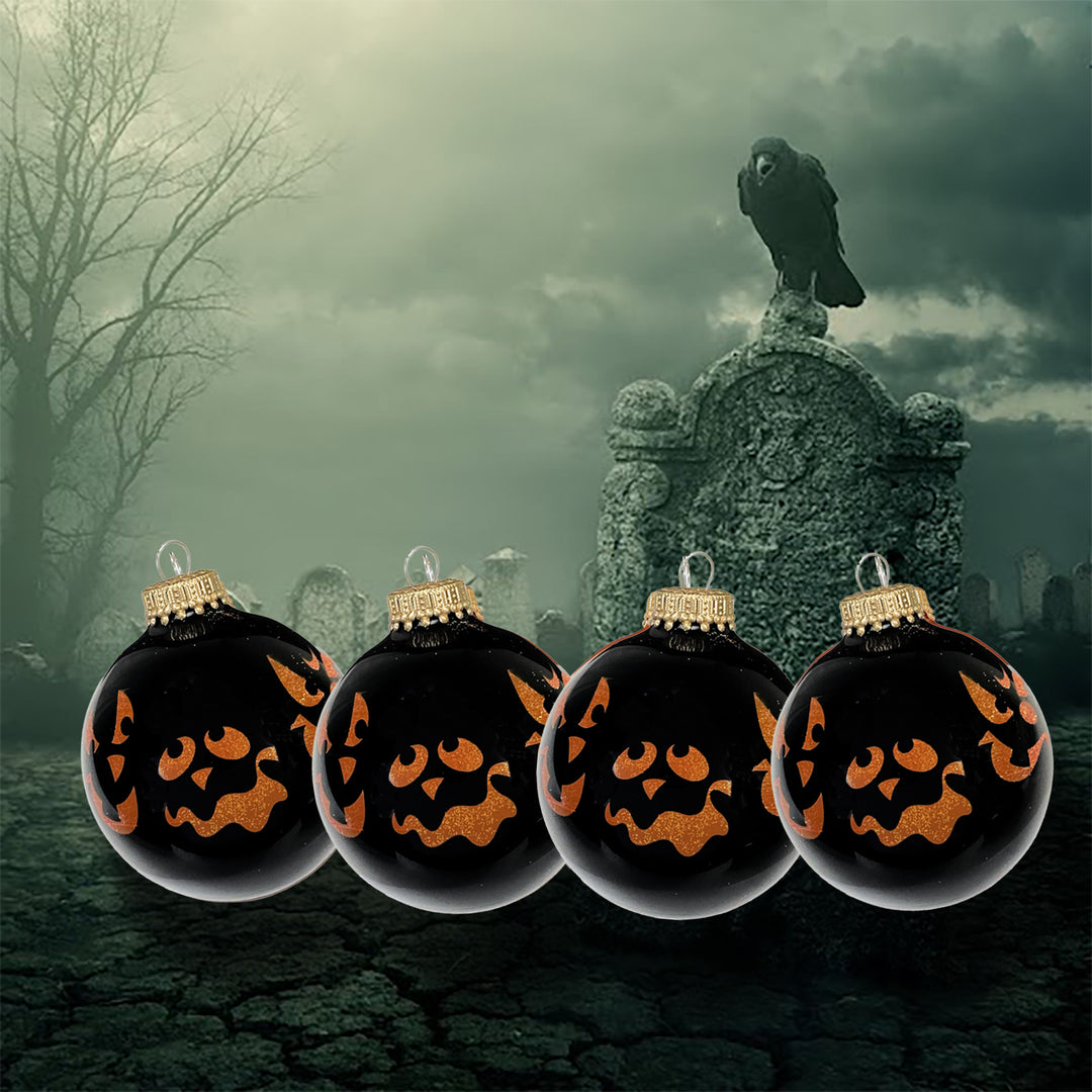 2 5/8" (67mm) Halloween Ball Ornaments Solid Ebony Shine with Scary Faces 4/Box, 12/Case, 48 Pieces