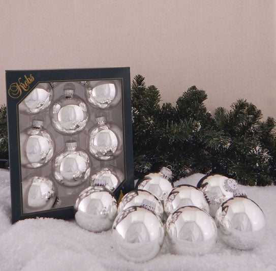 2 5/8" (67mm) Ball Ornaments, Silver Caps, Bright Silver, 8/Box, 12/Case, 96 Pieces