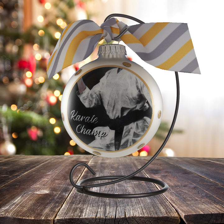 3 1/4" (80mm) Personalizable Hugs Specialty Gift Ornaments, Stirling Silver Glass Ball with Karate Champ