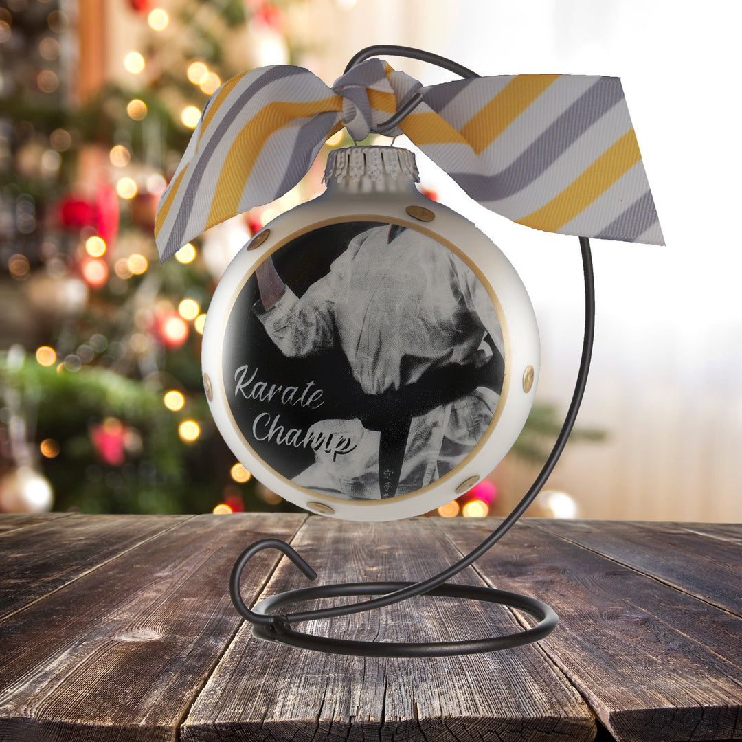 3 1/4" (80mm) Personalizable Hugs Specialty Gift Ornaments, Stirling Silver Glass Ball with Karate Champ
