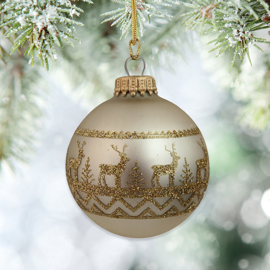 2 5/8" (67mm) Glass Ball Ornaments, Oyster Velvet - Gold Glitter Sweater Band, 4/Box, 12/Case, 48 Pieces