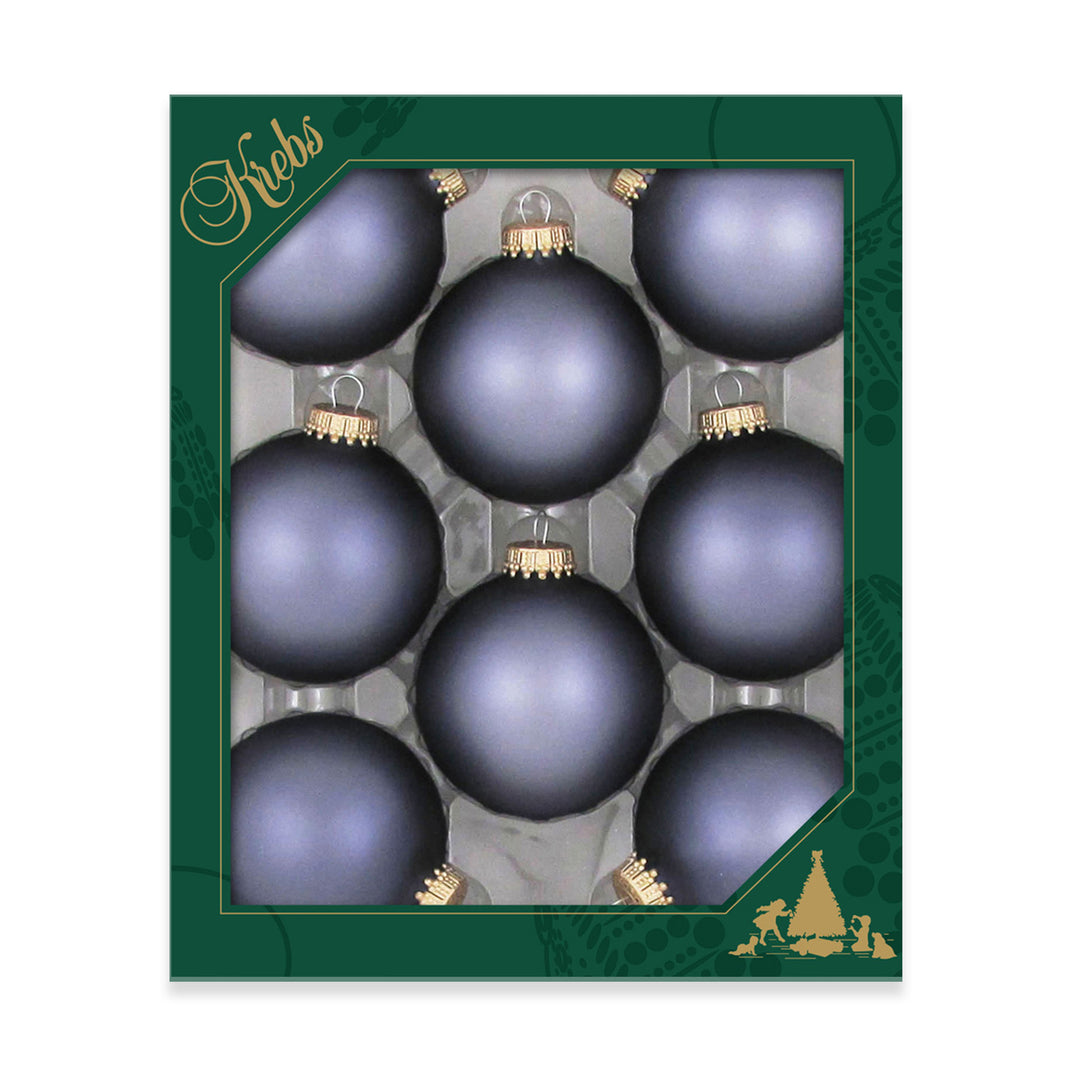 2 5/8" (67mm) Ball Ornaments, Gold Caps, Bluestone Velvet, 8/Box, 12/Case, 96 Pieces
